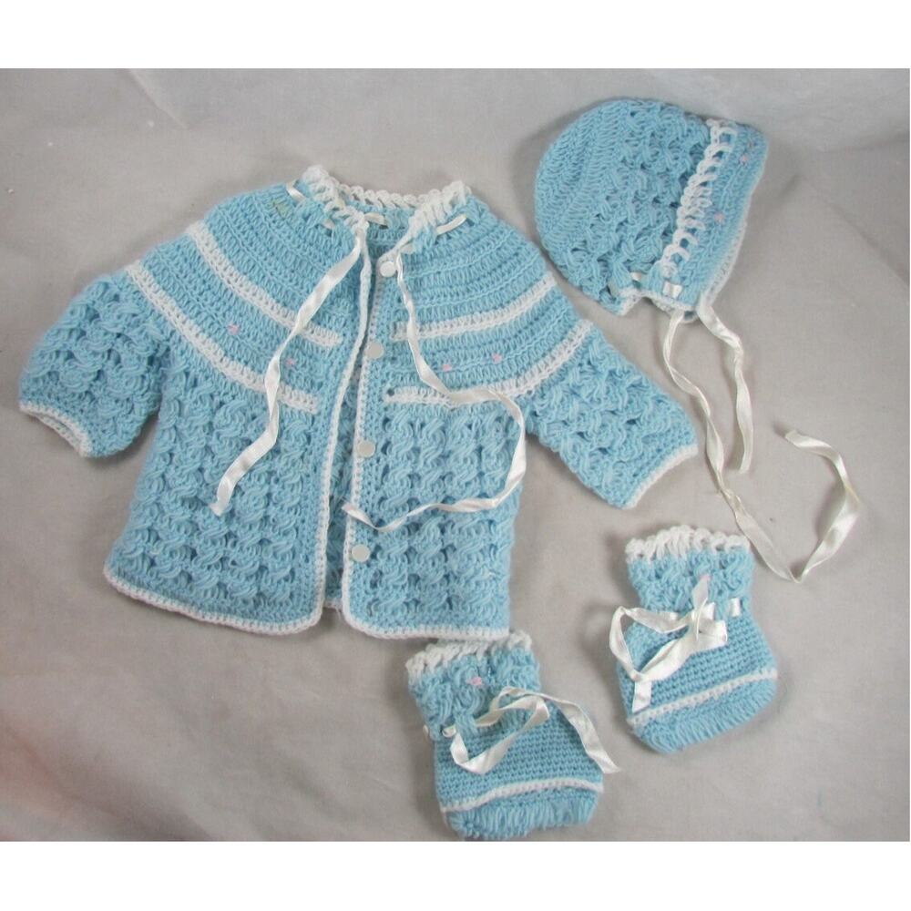 Infant Blue Knit 4pc Sweater Set Hat Booties Handmade Size 3-6 Mos Baby Boy